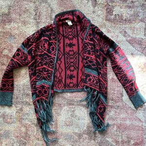 Self Esteem Red Black Gray Geometric Fringe Women's Cardigan Sweater Size L